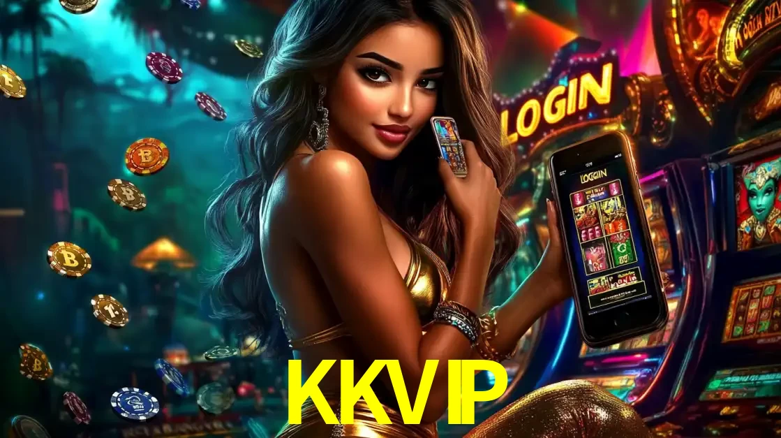 Mulher em um cenário de cassino temático de aventura, mostrando o app de caça-níqueis da KKVIP no celular. Fichas de apostas flutuam ao redor.