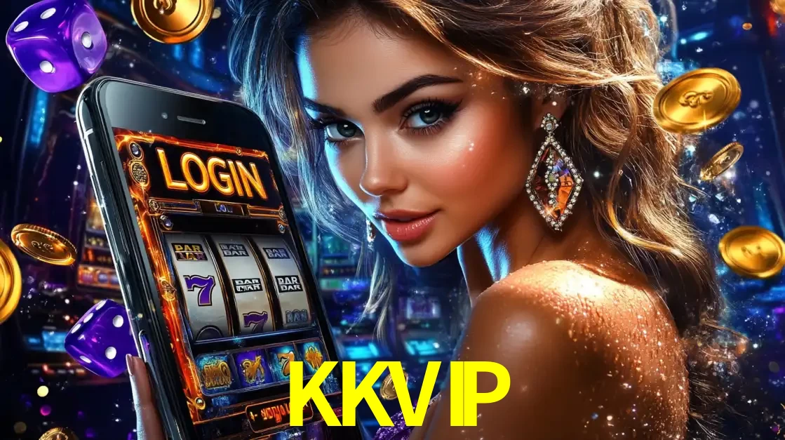 Mulher glamorosa segurando um smartphone com a tela de login para os jogos de caça-níqueis do cassino online KKVIP, com moedas de ouro e dados ao redor.