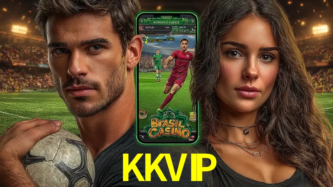 Homem segurando uma bola de futebol e uma mulher ao lado de um smartphone exibindo o jogo de apostas esportivas da KKVIP. Faça seu palpite no cassino online.